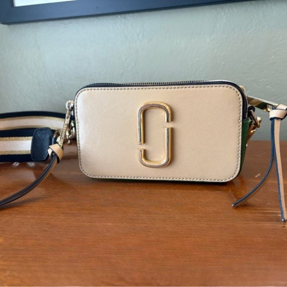 Marc Jacobs Cream and Green Snapshot Crossbody Bag with Gold Accent